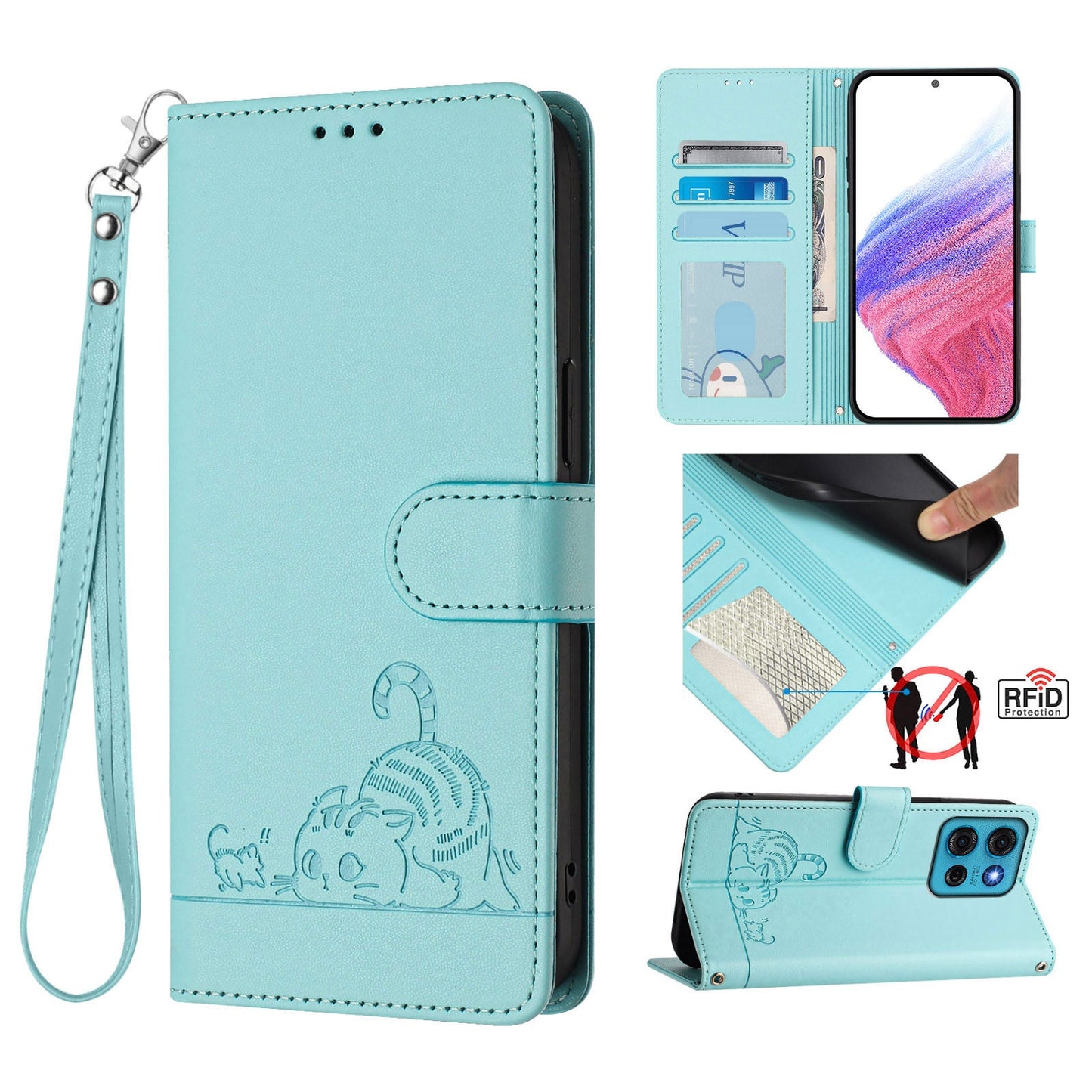 For Motorola Moto G75 5G Case with Strap RFID Blocking Leather Wallet Phone Cover Cat Mouse Pattern - Mint Green