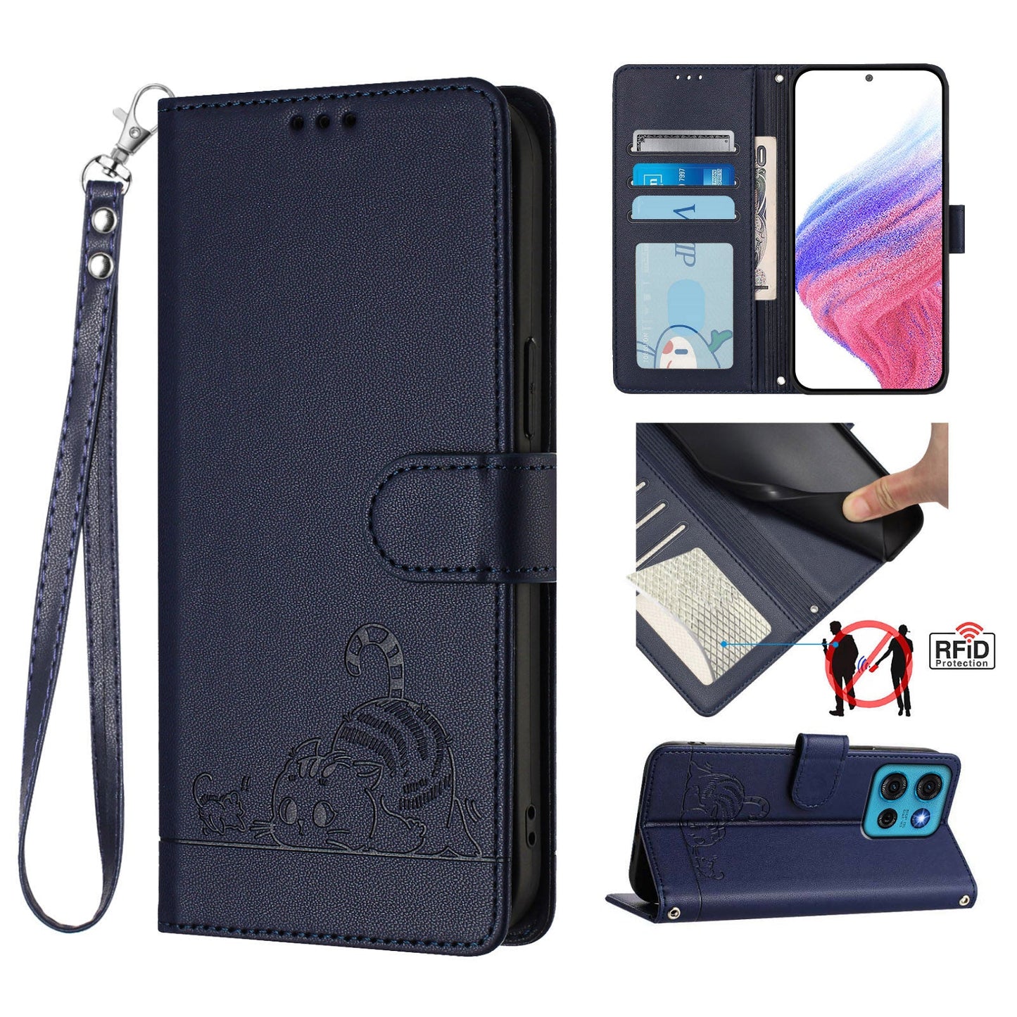 For Motorola Moto G75 5G Case with Strap RFID Blocking Leather Wallet Phone Cover Cat Mouse Pattern - Sapphire