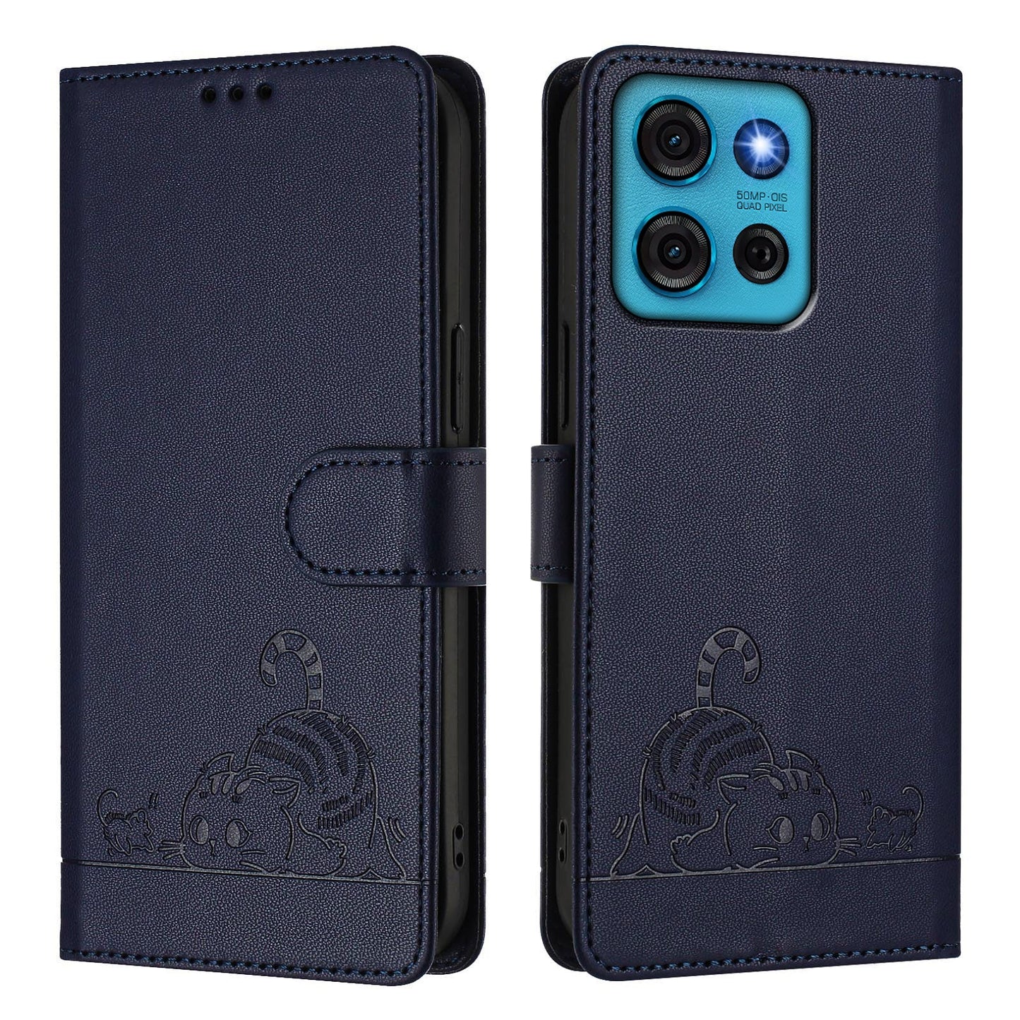 For Motorola Moto G75 5G Case with Strap RFID Blocking Leather Wallet Phone Cover Cat Mouse Pattern - Sapphire