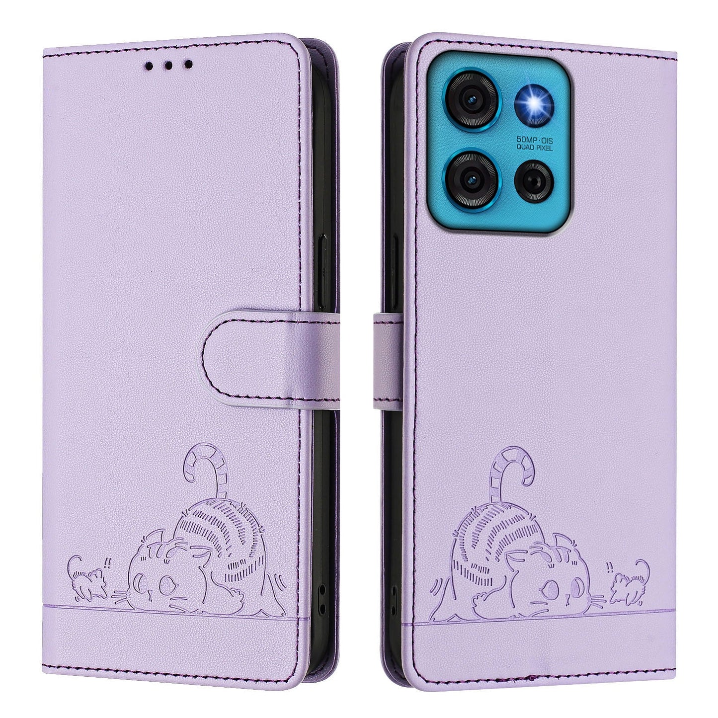 For Motorola Moto G75 5G Case with Strap RFID Blocking Leather Wallet Phone Cover Cat Mouse Pattern - Purple