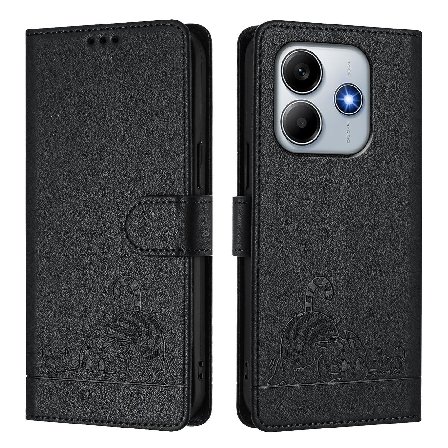 For Xiaomi Redmi Note 14 5G Case with Strap RFID Blocking Leather Wallet Phone Cover Cat Mouse Pattern - Black