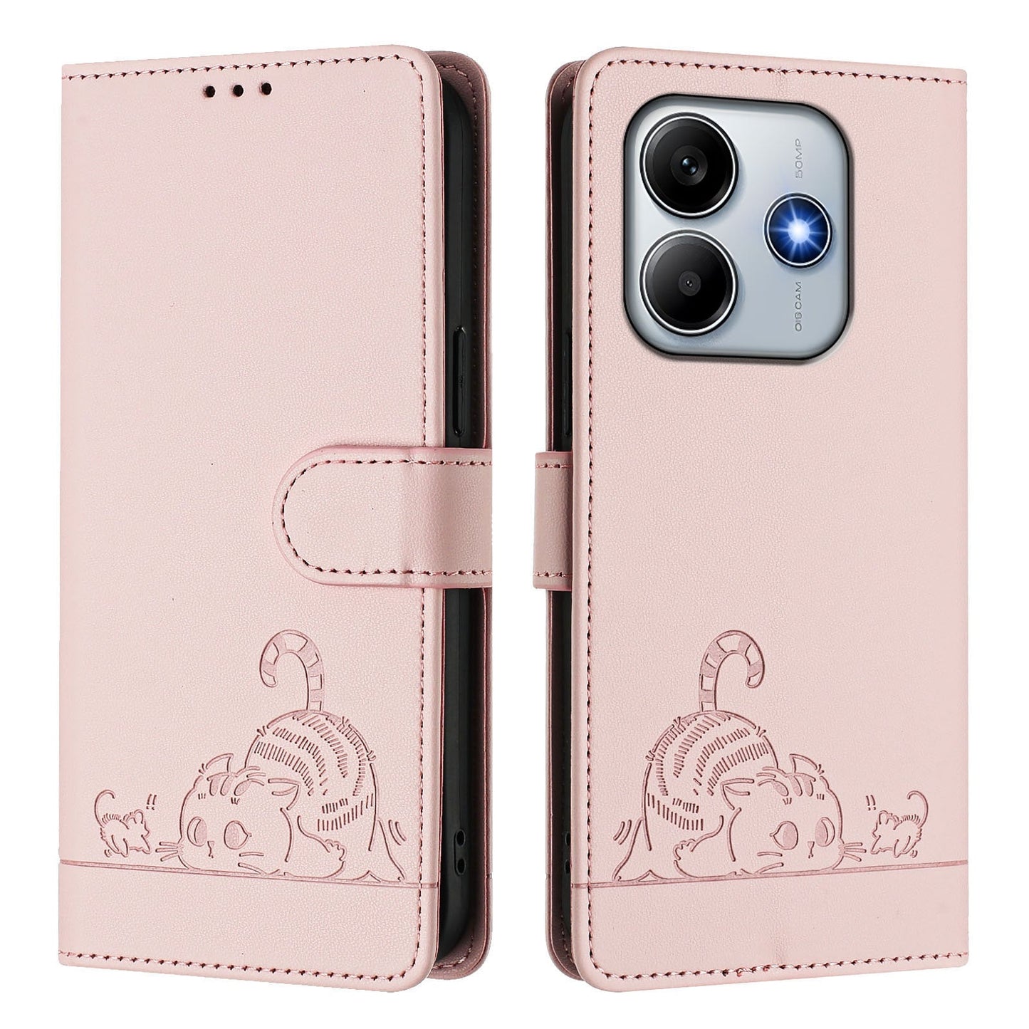For Xiaomi Redmi Note 14 5G Case with Strap RFID Blocking Leather Wallet Phone Cover Cat Mouse Pattern - Pink