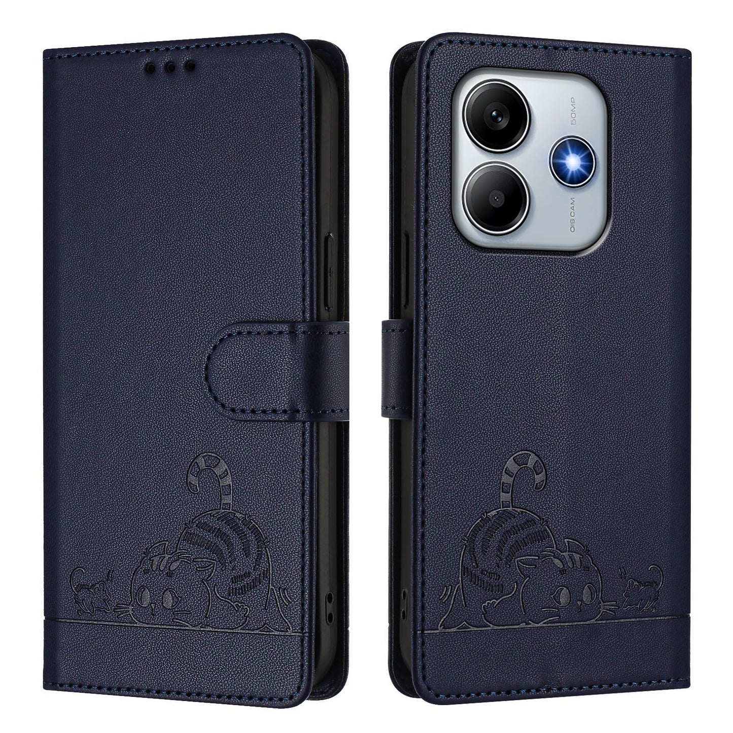 For Xiaomi Redmi Note 14 5G Case with Strap RFID Blocking Leather Wallet Phone Cover Cat Mouse Pattern - Sapphire