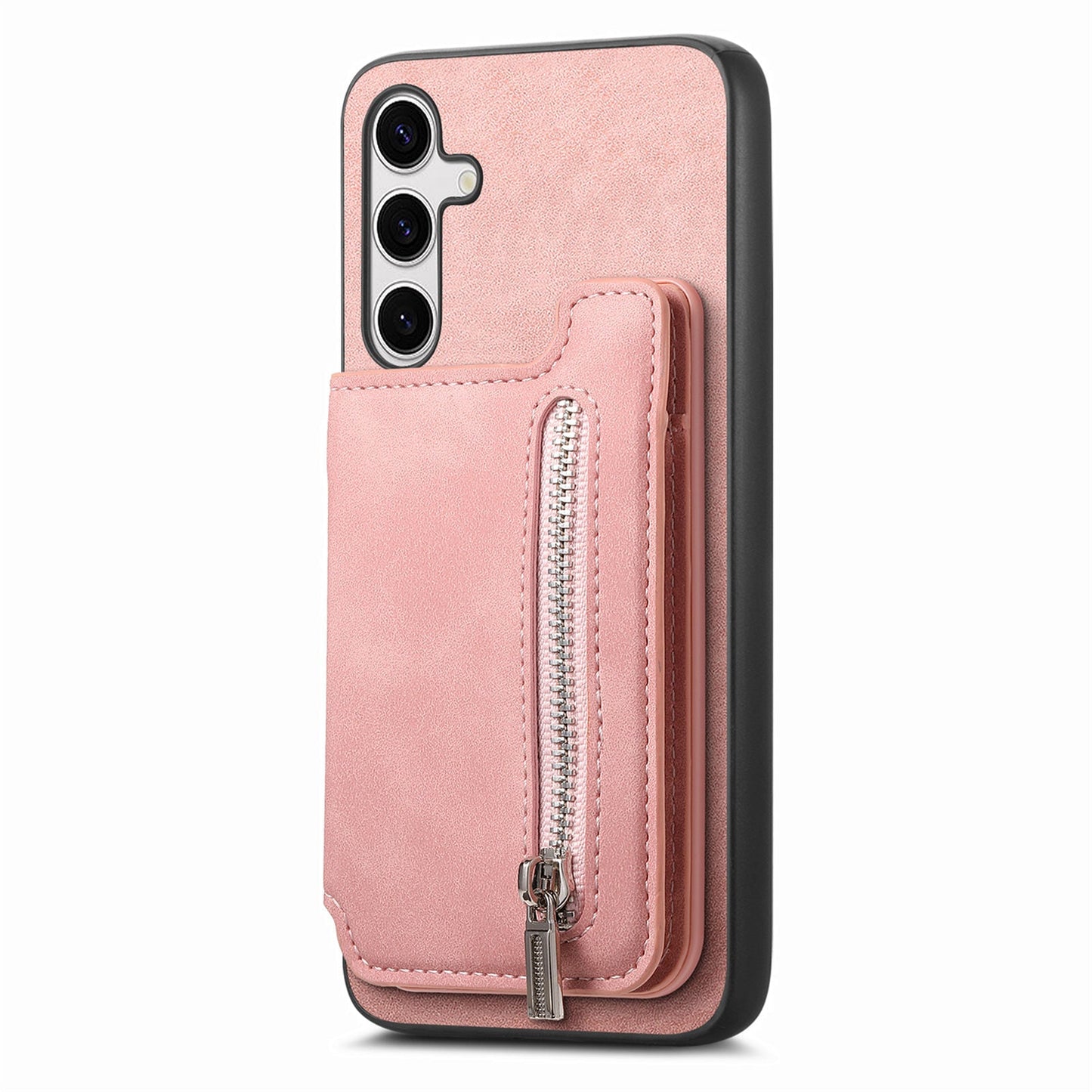 For Samsung Galaxy S25 Case Magnetic Detachable Zipper Card Holder Leather Phone Back Cover - Pink