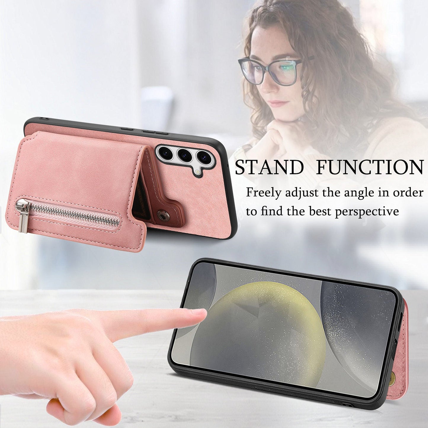 For Samsung Galaxy S25 Case Magnetic Detachable Zipper Card Holder Leather Phone Back Cover - Pink