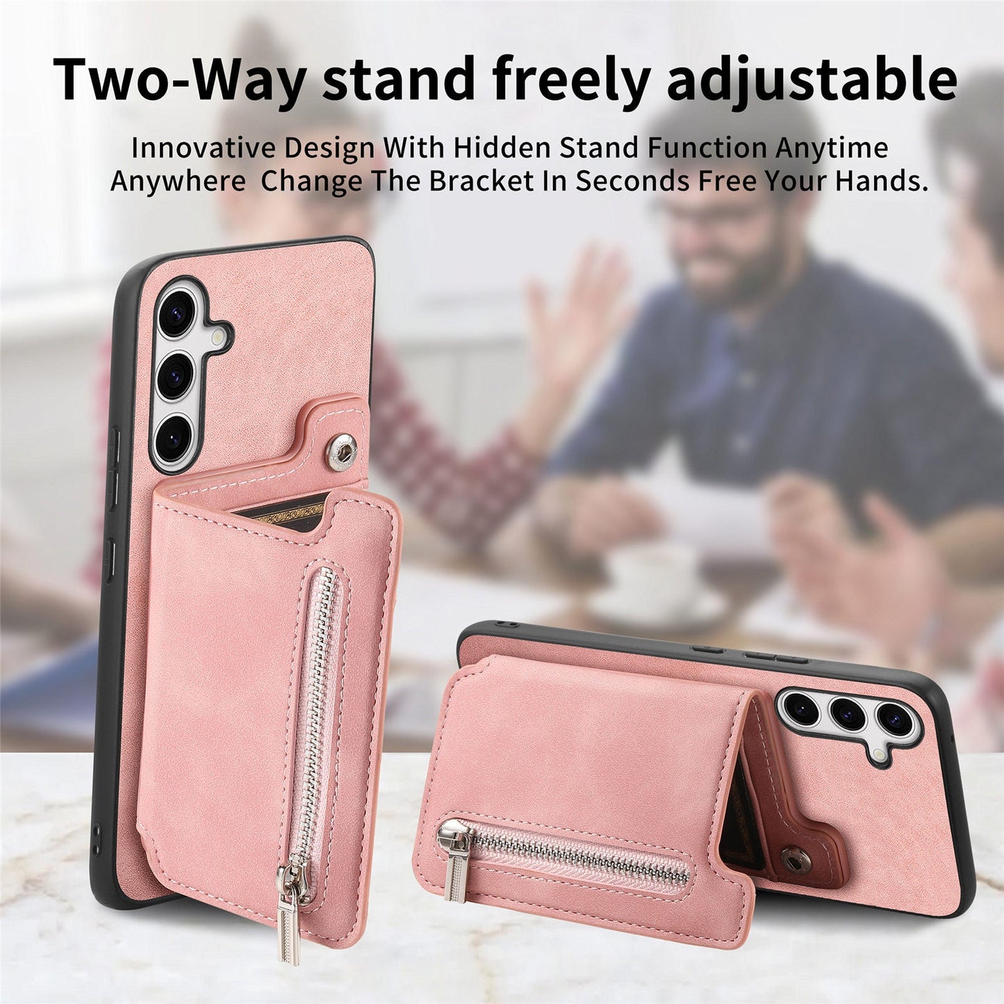 For Samsung Galaxy S25 Case Magnetic Detachable Zipper Card Holder Leather Phone Back Cover - Pink
