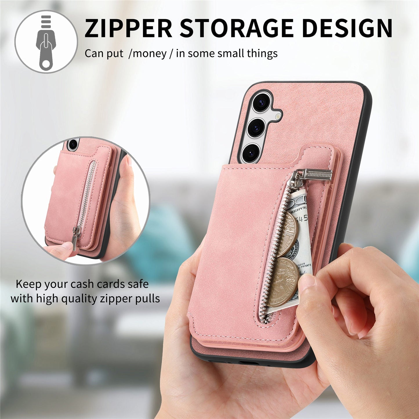 For Samsung Galaxy S25 Case Magnetic Detachable Zipper Card Holder Leather Phone Back Cover - Pink