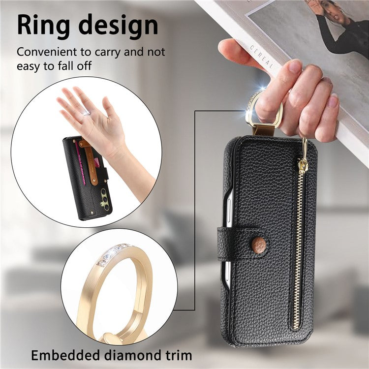 For Samsung Galaxy A16 4G / 5G Case RFID Blocking Zipper Wallet PU Leather Mobile Cover - Black