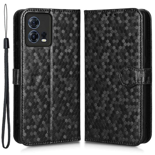 For Motorola Moto S30 Pro 5G PU Leather Dot Pattern Imprinted Stand Case Shockproof Phone Wallet Cover with Strap - Black