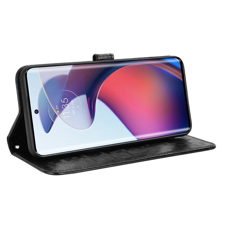 For Motorola Moto S30 Pro 5G PU Leather Dot Pattern Imprinted Stand Case Shockproof Phone Wallet Cover with Strap - Black