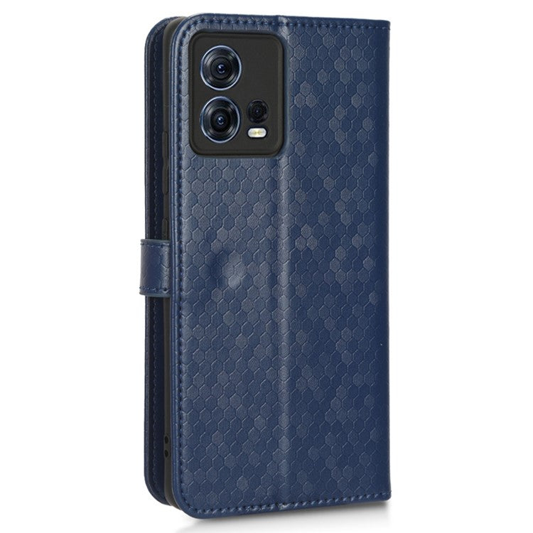 For Motorola Moto S30 Pro 5G PU Leather Dot Pattern Imprinted Stand Case Shockproof Phone Wallet Cover with Strap - Dark Blue