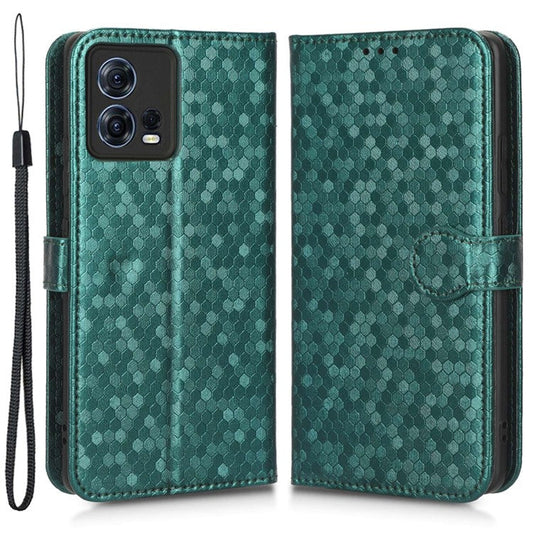 For Motorola Moto S30 Pro 5G PU Leather Dot Pattern Imprinted Stand Case Shockproof Phone Wallet Cover with Strap - Green
