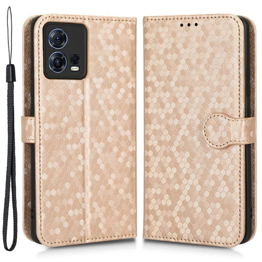 For Motorola Moto S30 Pro 5G PU Leather Dot Pattern Imprinted Stand Case Shockproof Phone Wallet Cover with Strap - Rose Gold