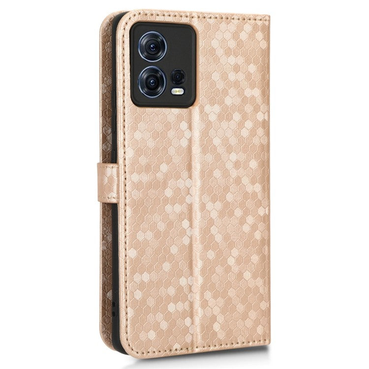 For Motorola Moto S30 Pro 5G PU Leather Dot Pattern Imprinted Stand Case Shockproof Phone Wallet Cover with Strap - Rose Gold