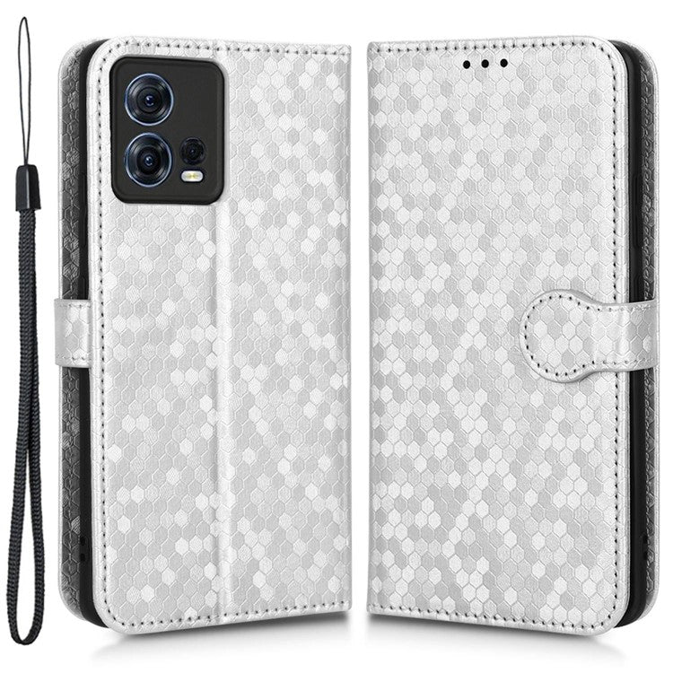 For Motorola Moto S30 Pro 5G PU Leather Dot Pattern Imprinted Stand Case Shockproof Phone Wallet Cover with Strap - Silver