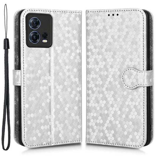 For Motorola Moto S30 Pro 5G PU Leather Dot Pattern Imprinted Stand Case Shockproof Phone Wallet Cover with Strap - Silver