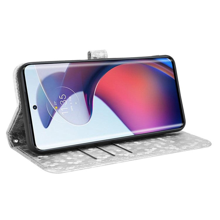 For Motorola Moto S30 Pro 5G PU Leather Dot Pattern Imprinted Stand Case Shockproof Phone Wallet Cover with Strap - Silver