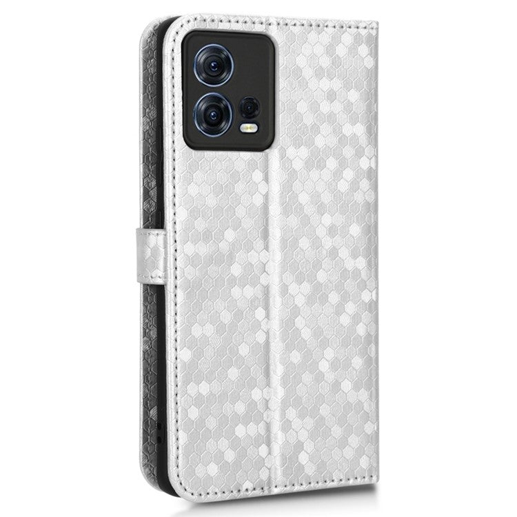 For Motorola Moto S30 Pro 5G PU Leather Dot Pattern Imprinted Stand Case Shockproof Phone Wallet Cover with Strap - Silver