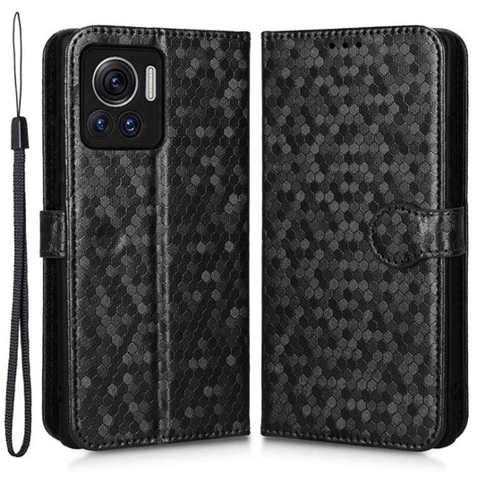 For Motorola Edge 30 Ultra 5G / Moto X30 Pro 5G Wallet Feature PU Leather Flip Cover Fall Proof Dot Pattern Imprinted Magnetic Closure Stand Shockproof TPU Phone Case with Strap - Black