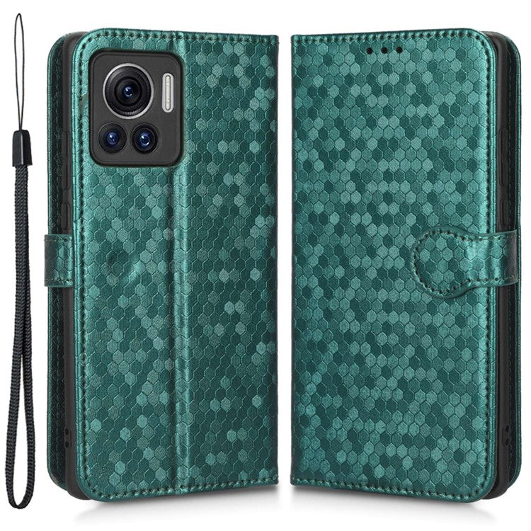 For Motorola Edge 30 Ultra 5G / Moto X30 Pro 5G Wallet Feature PU Leather Flip Cover Fall Proof Dot Pattern Imprinted Magnetic Closure Stand Shockproof TPU Phone Case with Strap - Green