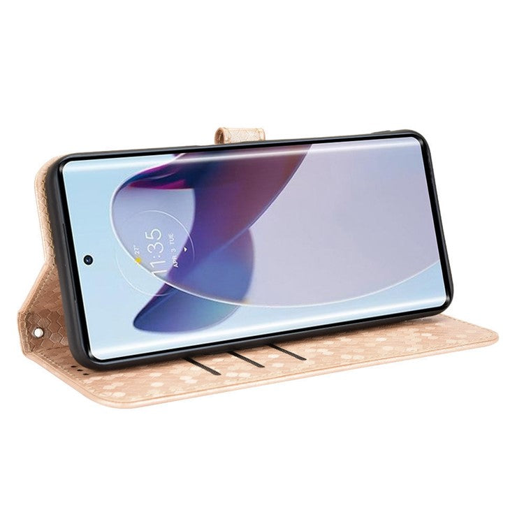 For Motorola Edge 30 Ultra 5G / Moto X30 Pro 5G Wallet Feature PU Leather Flip Cover Fall Proof Dot Pattern Imprinted Magnetic Closure Stand Shockproof TPU Phone Case with Strap - Rose Gold