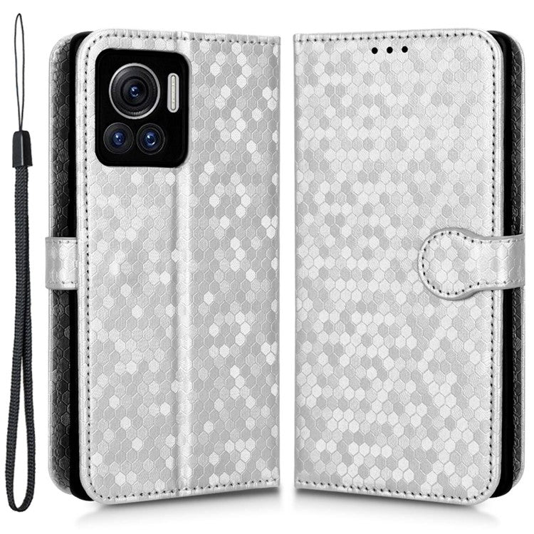 For Motorola Edge 30 Ultra 5G / Moto X30 Pro 5G Wallet Feature PU Leather Flip Cover Fall Proof Dot Pattern Imprinted Magnetic Closure Stand Shockproof TPU Phone Case with Strap - Silver