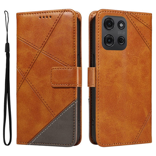 For Motorola Moto G75 5G Case Leather Geometric Line Wallet Phone Cover with Wrist Strap - Brown