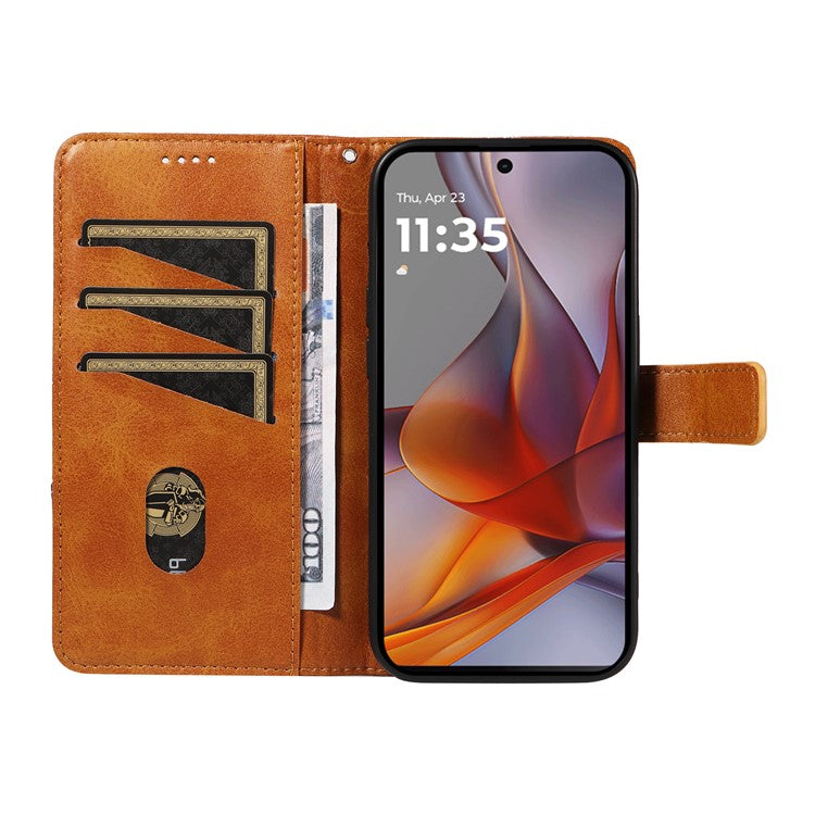 For Motorola Moto G75 5G Case Leather Geometric Line Wallet Phone Cover with Wrist Strap - Brown