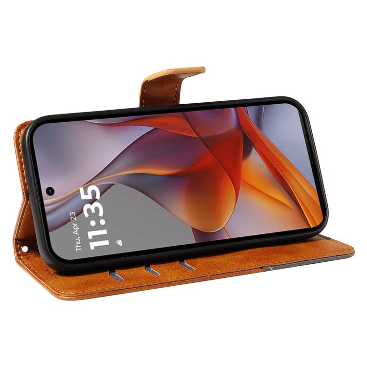 For Motorola Moto G75 5G Case Leather Geometric Line Wallet Phone Cover with Wrist Strap - Brown