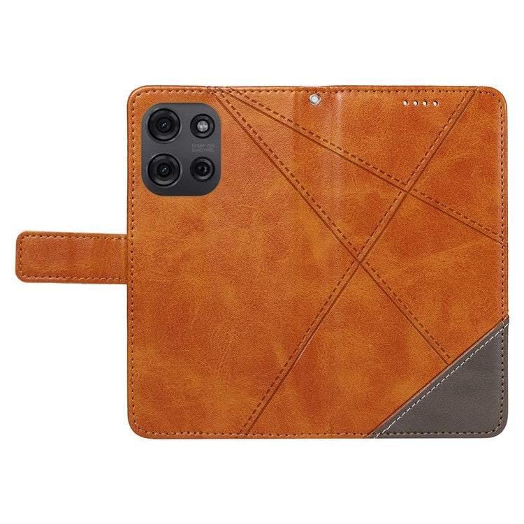 For Motorola Moto G75 5G Case Leather Geometric Line Wallet Phone Cover with Wrist Strap - Brown
