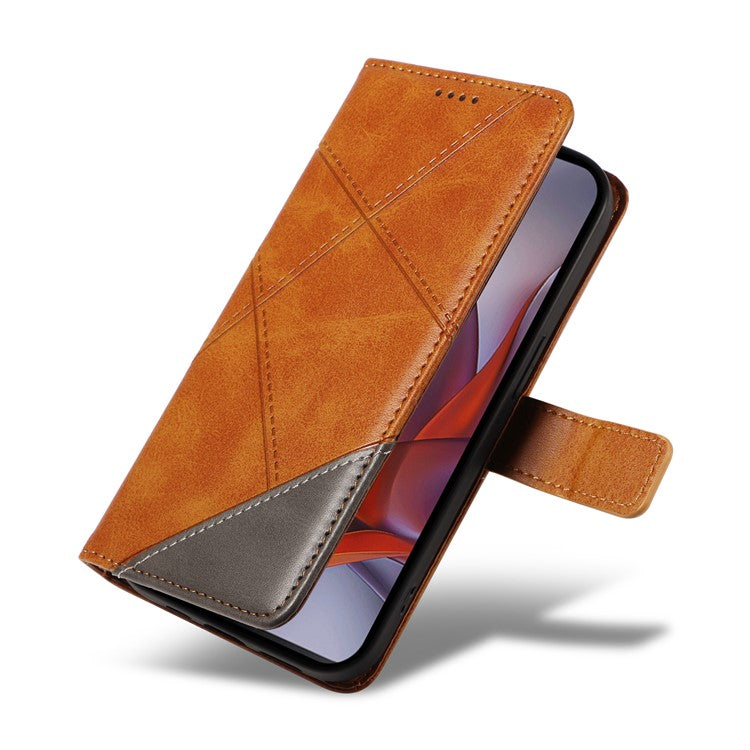 For Motorola Moto G75 5G Case Leather Geometric Line Wallet Phone Cover with Wrist Strap - Brown