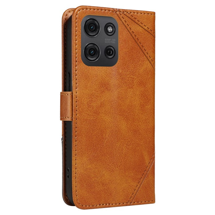 For Motorola Moto G75 5G Case Leather Geometric Line Wallet Phone Cover with Wrist Strap - Brown