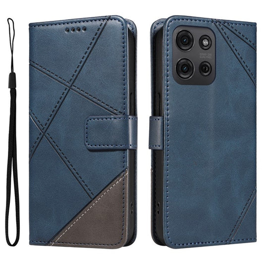 For Motorola Moto G75 5G Case Leather Geometric Line Wallet Phone Cover with Wrist Strap - Blue