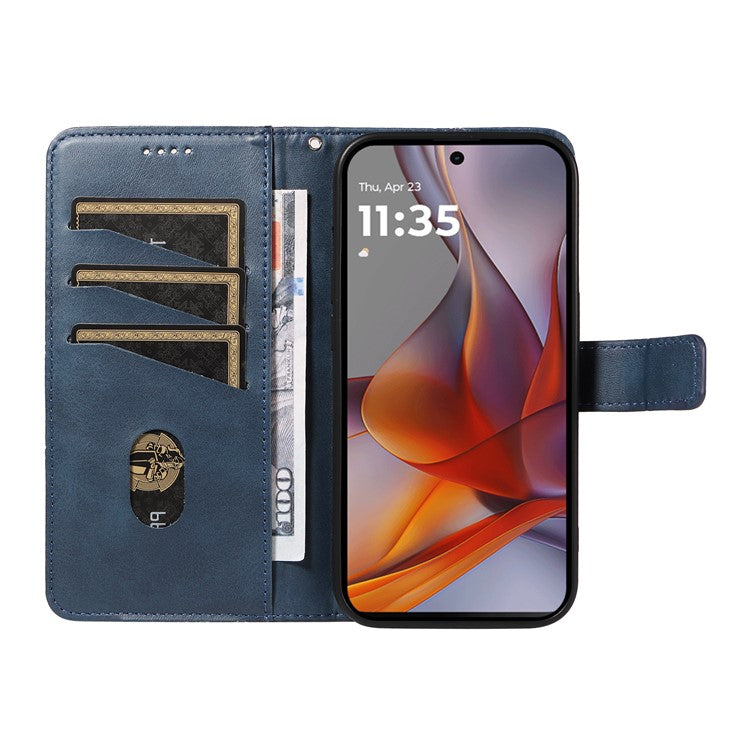 For Motorola Moto G75 5G Case Leather Geometric Line Wallet Phone Cover with Wrist Strap - Blue