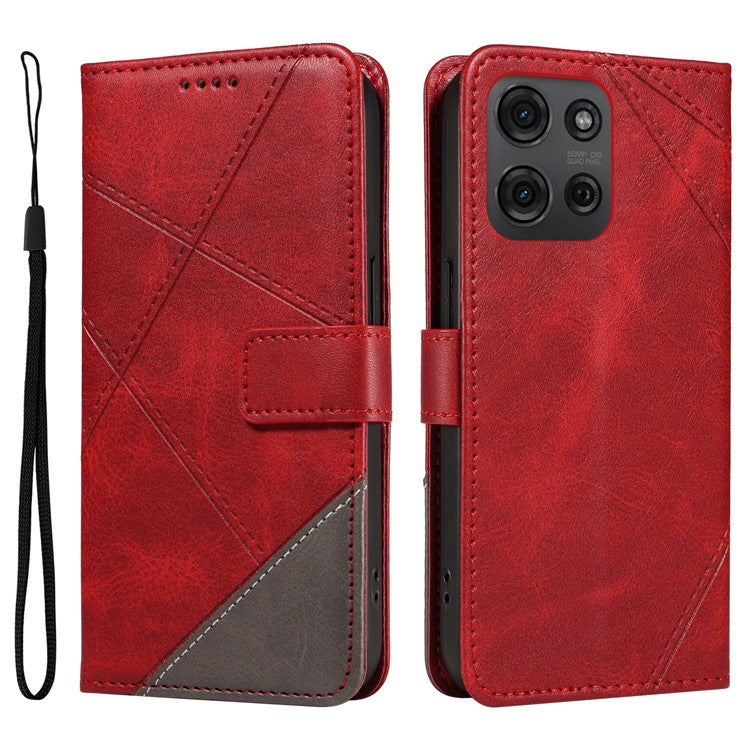 For Motorola Moto G75 5G Case Leather Geometric Line Wallet Phone Cover with Wrist Strap - Red