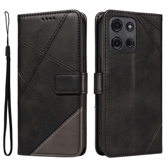 For Motorola Moto G75 5G Case Leather Geometric Line Wallet Phone Cover with Wrist Strap - Black
