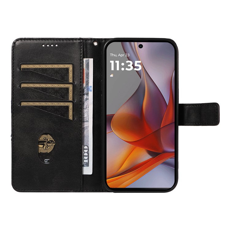 For Motorola Moto G75 5G Case Leather Geometric Line Wallet Phone Cover with Wrist Strap - Black