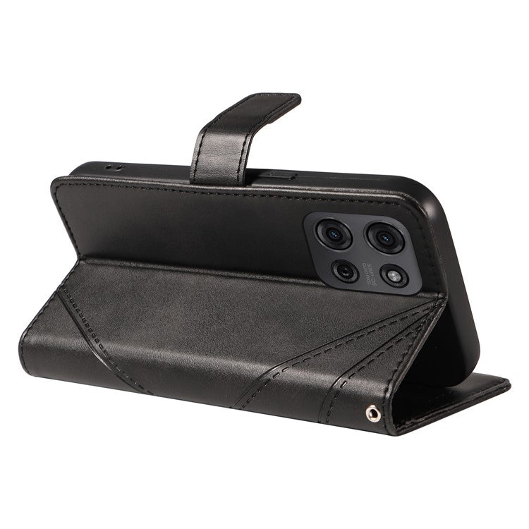 For Motorola Moto G75 5G Case Leather Geometric Line Wallet Phone Cover with Wrist Strap - Black