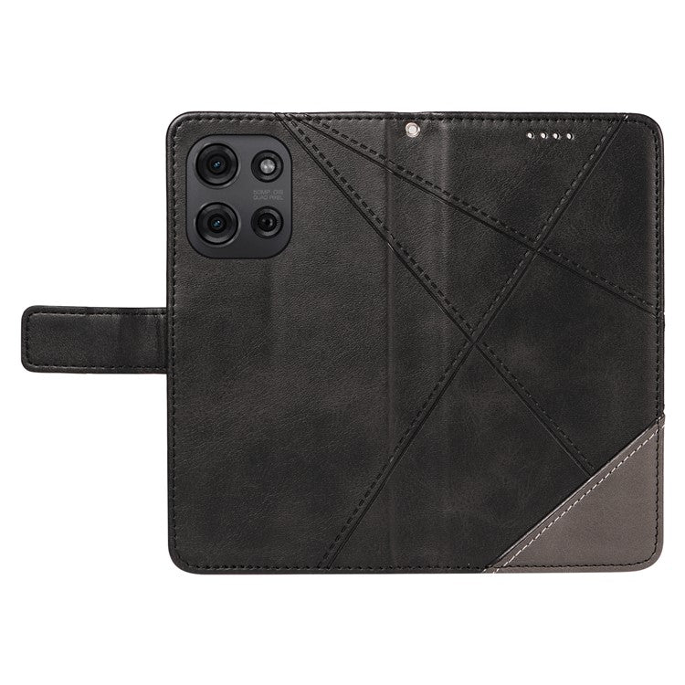 For Motorola Moto G75 5G Case Leather Geometric Line Wallet Phone Cover with Wrist Strap - Black
