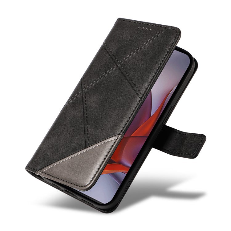 For Motorola Moto G75 5G Case Leather Geometric Line Wallet Phone Cover with Wrist Strap - Black