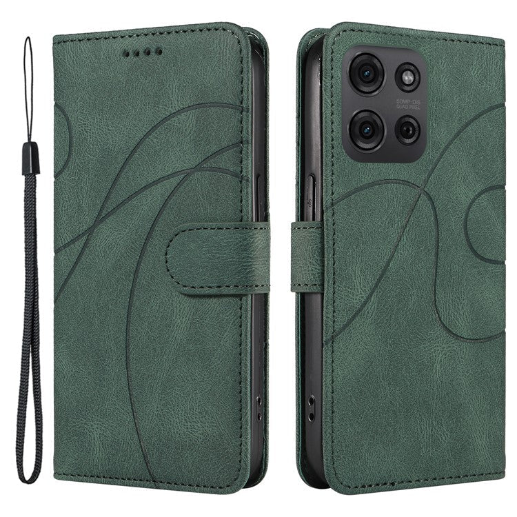 For Motorola Moto G75 5G Case Stand Wallet Leather Phone Cover Curved Line Wrist Strap - Green