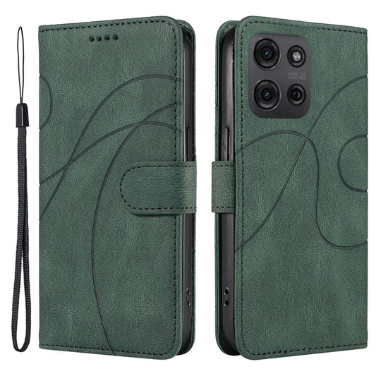 For Motorola Moto G75 5G Case Stand Wallet Leather Phone Cover Curved Line Wrist Strap - Green