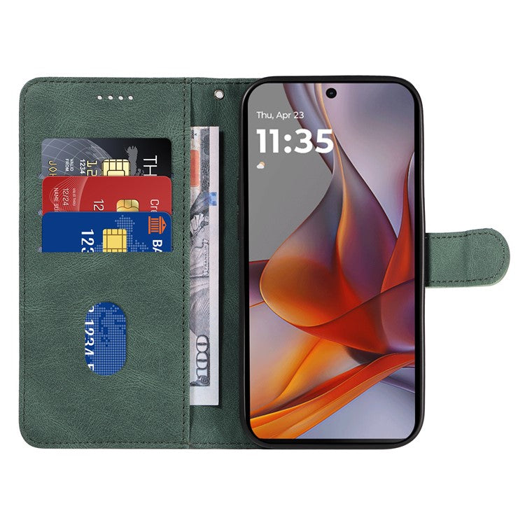 For Motorola Moto G75 5G Case Stand Wallet Leather Phone Cover Curved Line Wrist Strap - Green