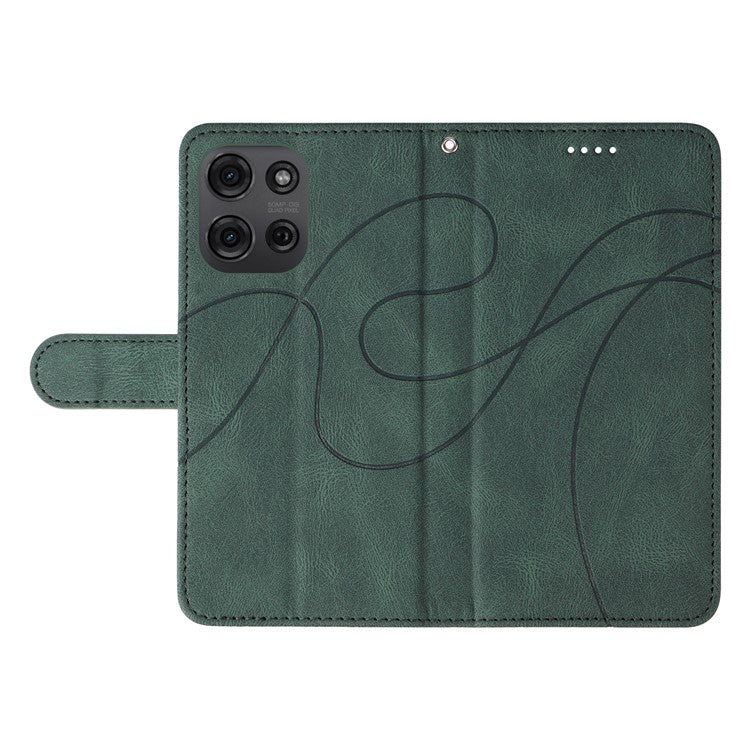 For Motorola Moto G75 5G Case Stand Wallet Leather Phone Cover Curved Line Wrist Strap - Green