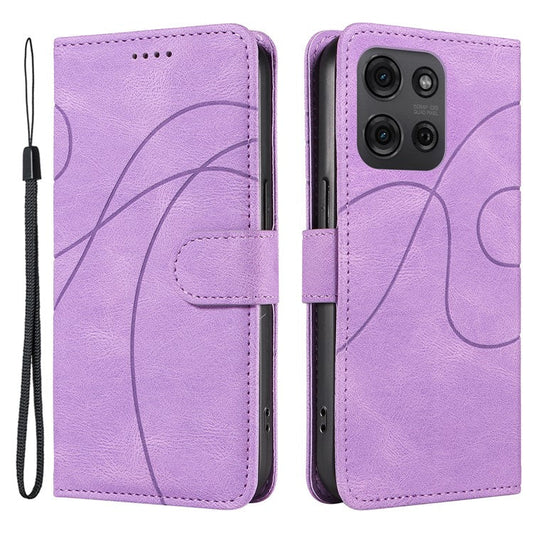 For Motorola Moto G75 5G Case Stand Wallet Leather Phone Cover Curved Line Wrist Strap - Light Purple