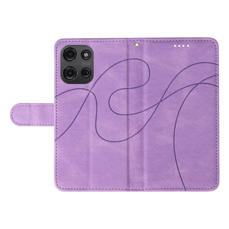 For Motorola Moto G75 5G Case Stand Wallet Leather Phone Cover Curved Line Wrist Strap - Light Purple