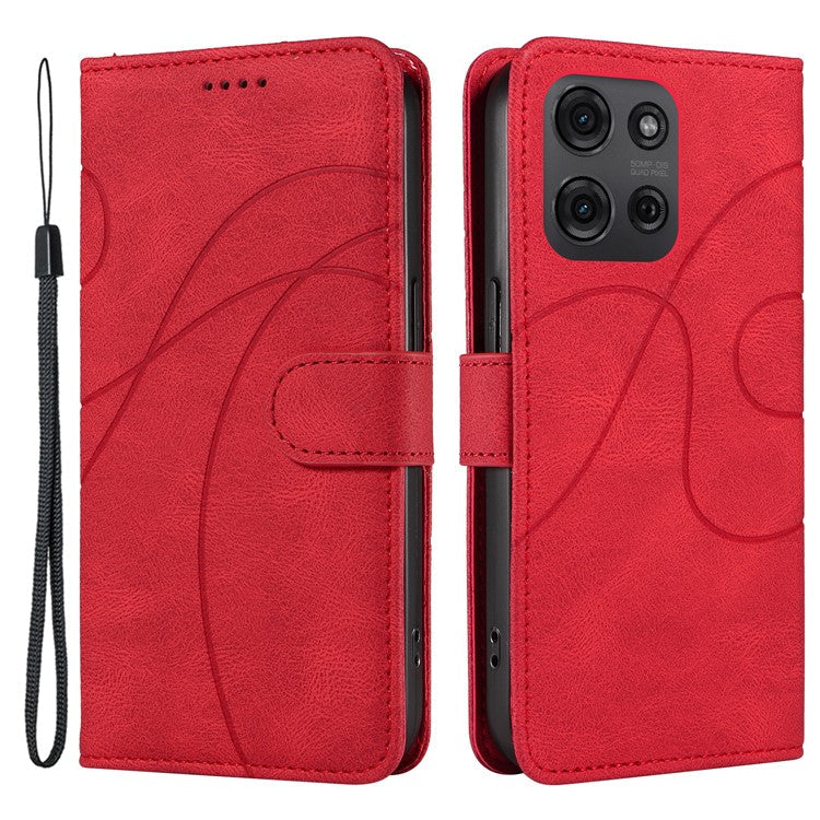 For Motorola Moto G75 5G Case Stand Wallet Leather Phone Cover Curved Line Wrist Strap - Red