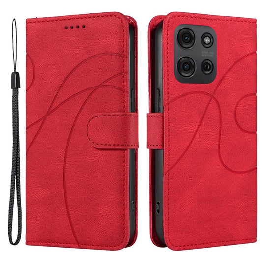 For Motorola Moto G75 5G Case Stand Wallet Leather Phone Cover Curved Line Wrist Strap - Red