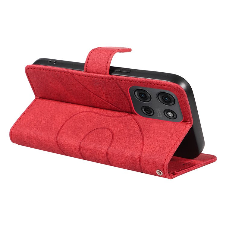 For Motorola Moto G75 5G Case Stand Wallet Leather Phone Cover Curved Line Wrist Strap - Red