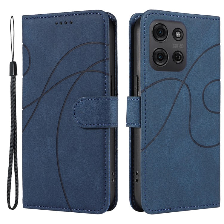 For Motorola Moto G75 5G Case Stand Wallet Leather Phone Cover Curved Line Wrist Strap - Blue